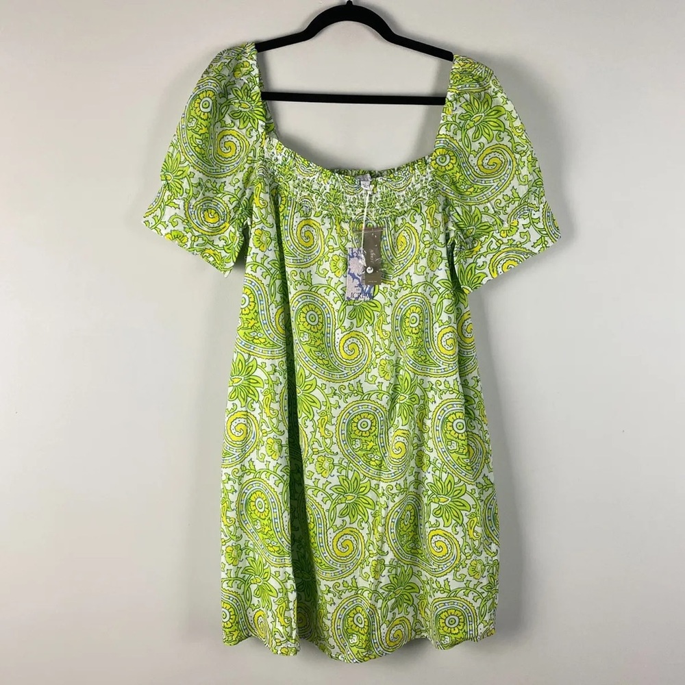 SZ Blockprints ™ X J. Crew squareneck puff-sleeve mini dress in citrus paisley. - Picture 4 of 4